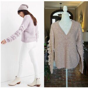 All in Favor NWT Fringe Sleeve wool blend v-neck sweater szL